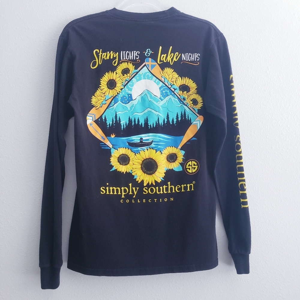Simply Southern Long Sleeve Sunflower Starry Lights Lake Nights Tee Shirt